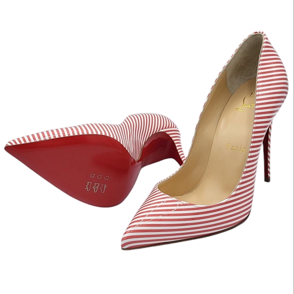 Christian Louboutin Pigalle Follies Patent Leather Striped Pumps Red White 36
